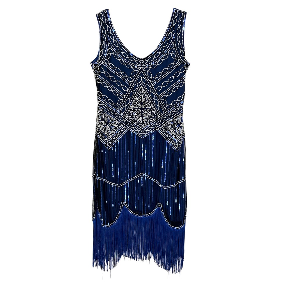 Blue Flapper Dress XXL Sequin Fringe 1920s Gatsby Halloween Costume Props